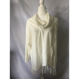 New Directions Women’s XL Cream Fringe Poncho Sweater Cowl Neck Boho Knit Ivory